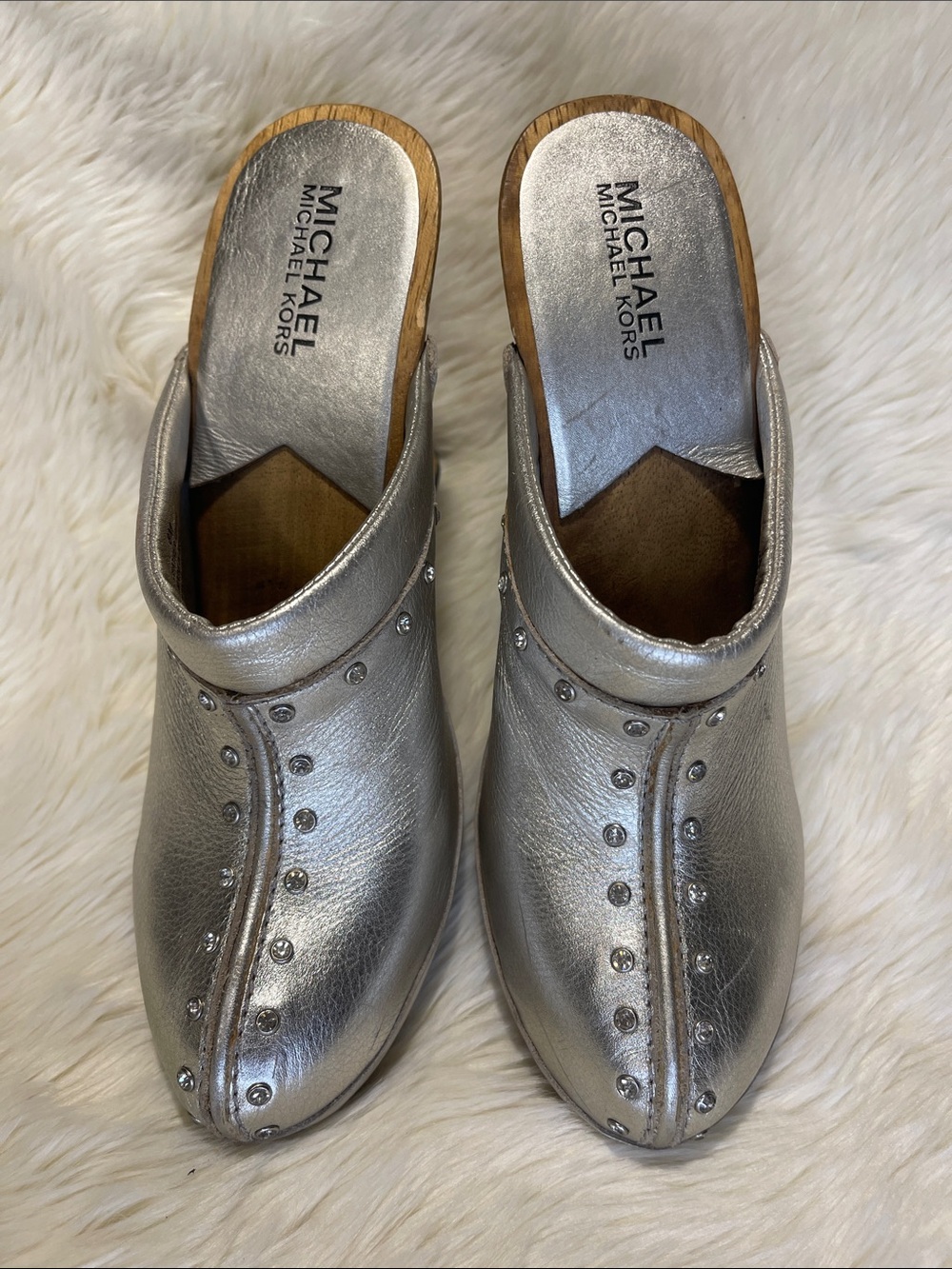 MICHAEL Michael Kors Silver Metallic Studded Leather Clog Wedge